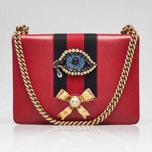 Gucci Red Leather Peony Medium Eye Chain Shoulder Bag